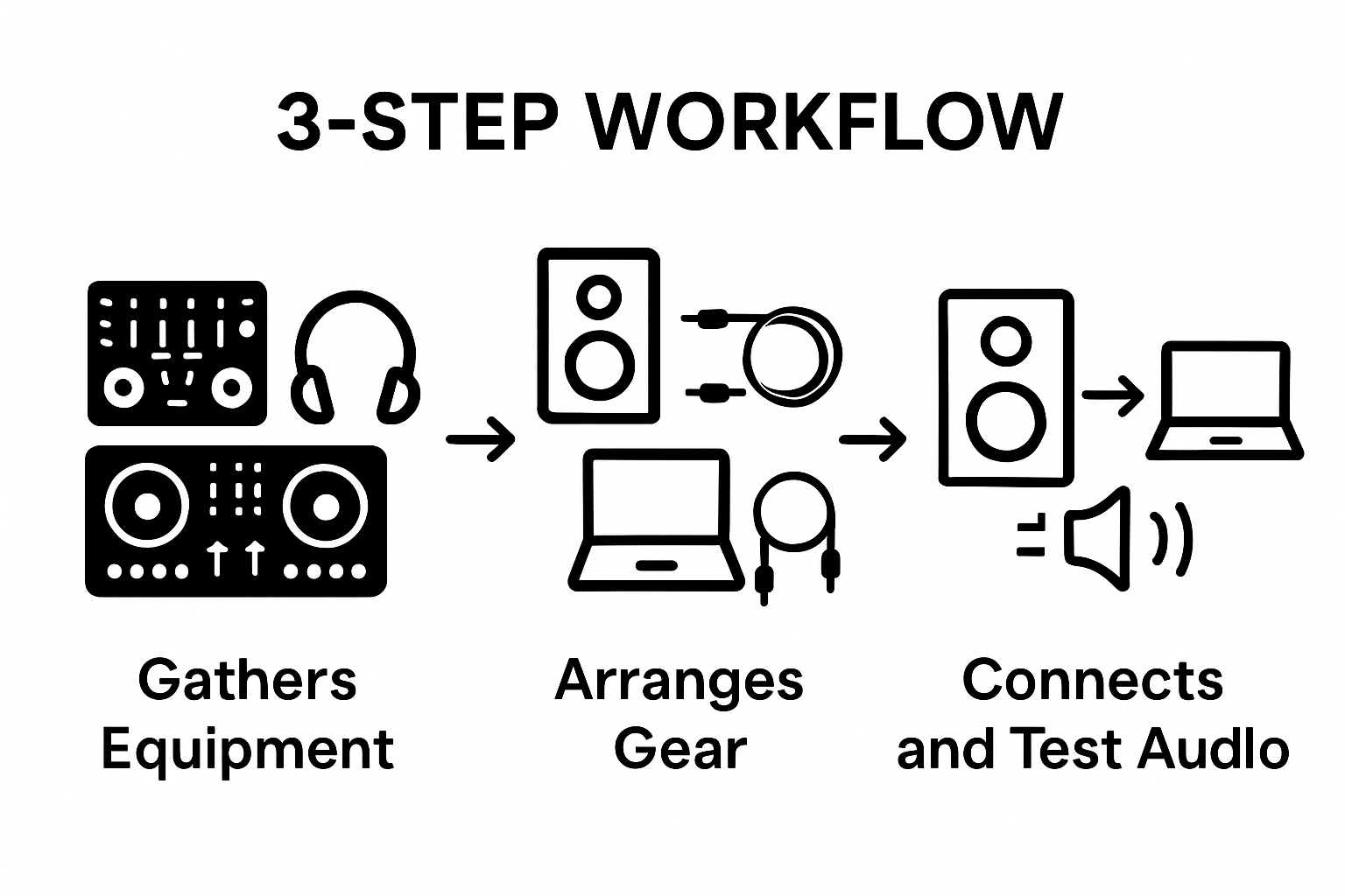 Three-step mobile DJ setup workflow with icons showing gear gathering, arrangement, and testing.