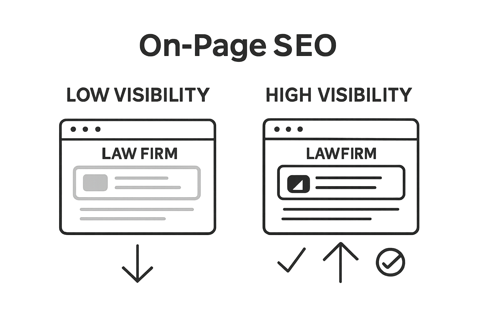 Infographic comparing law firm website visibility before and after on-page SEO