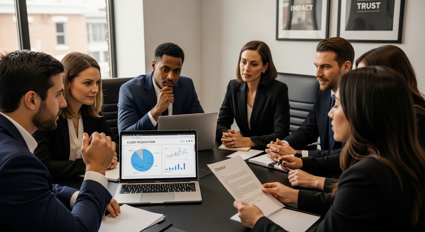 What is Personal Injury Marketing? Understanding Its Impact 2 lawyers looking at client acquisition graph