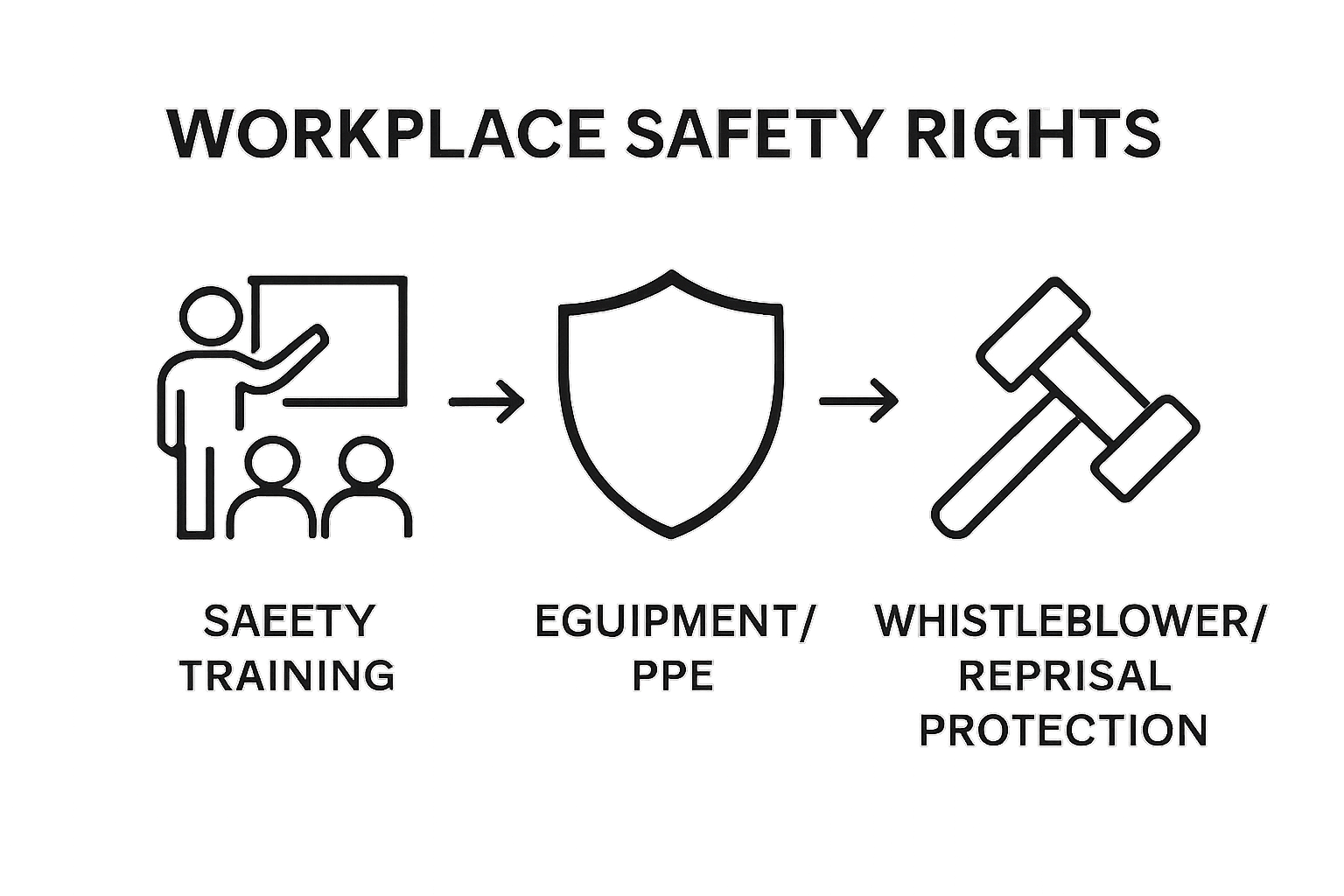 Three key components of workplace safety rights illustrated by icons for training, equipment, and protection.