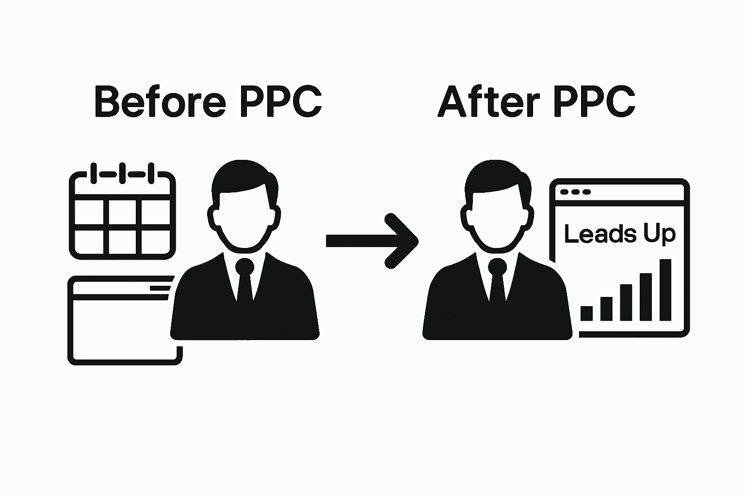 Infographic showing before and after PPC marketing impact for lawyers