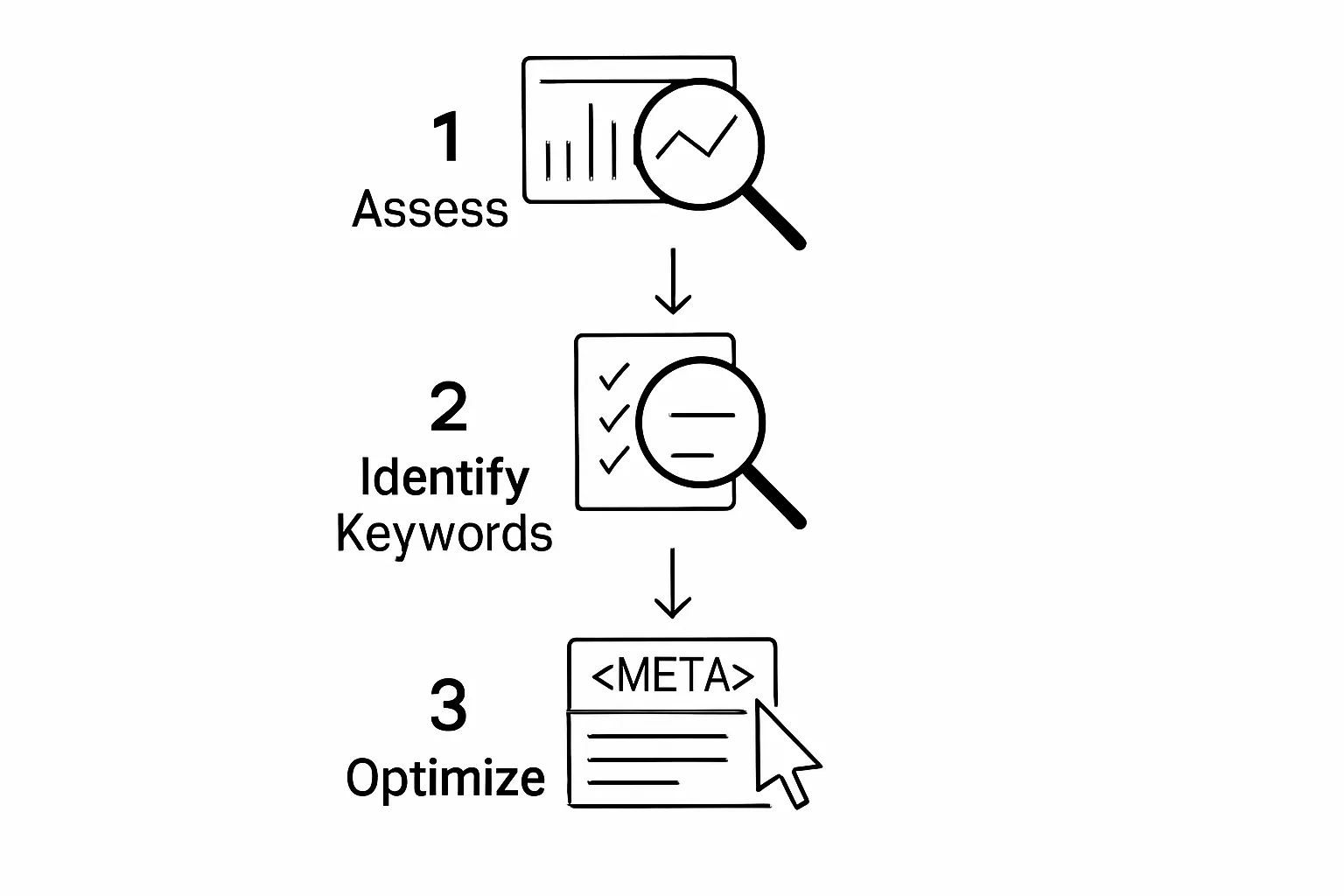 Three-step SEO workflow visualization: audit, keywords, optimization