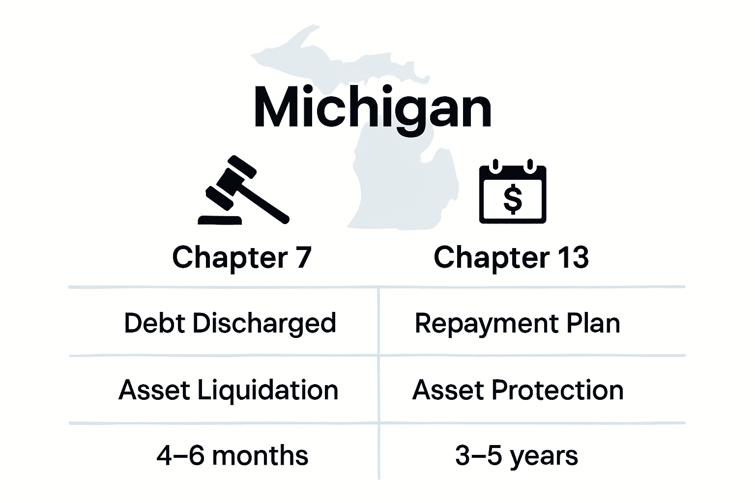 Infographic comparing Chapter 7 and Chapter 13 bankruptcy in Michigan.