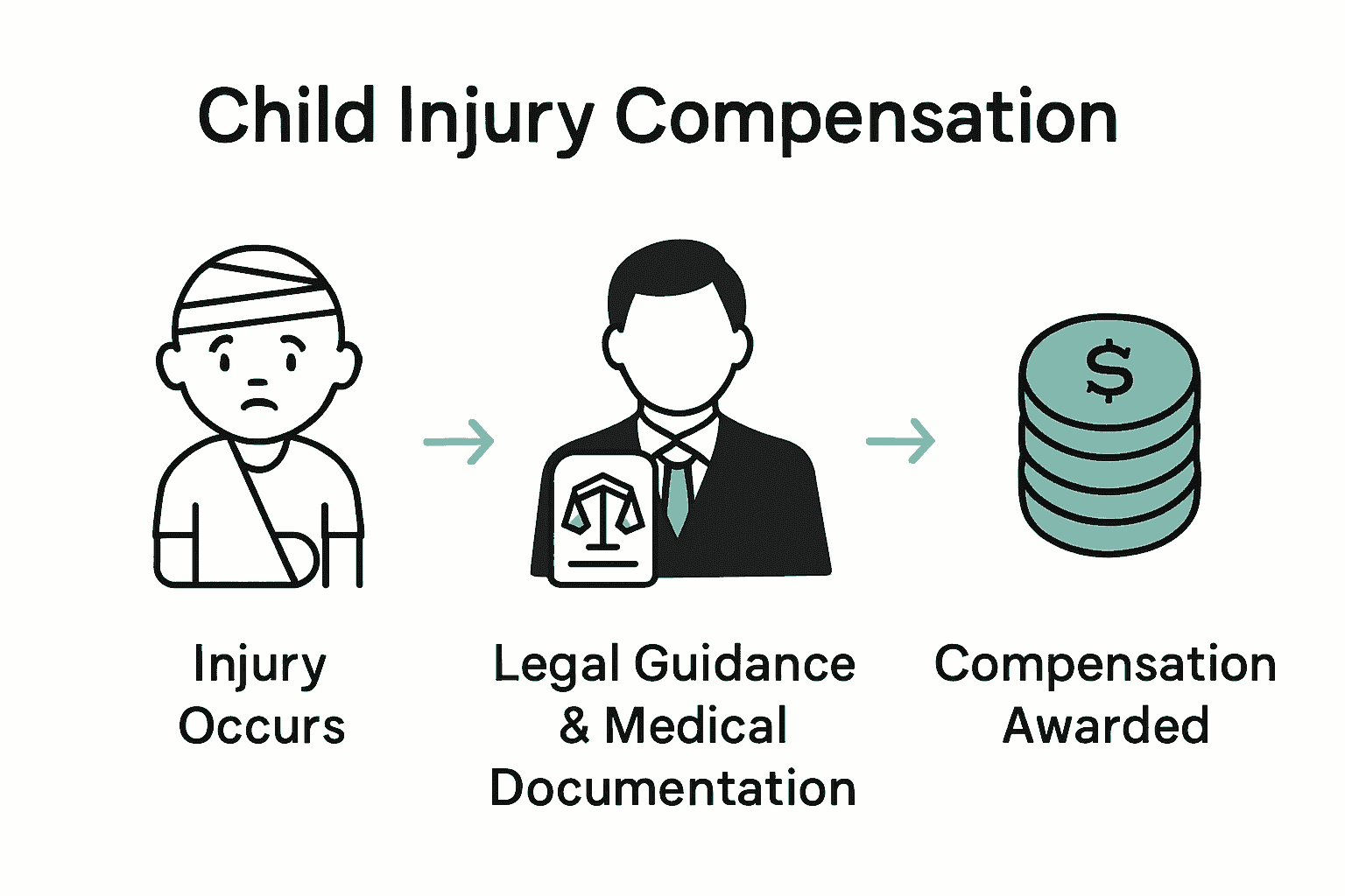 Three-step child injury claim process infographic with icons.