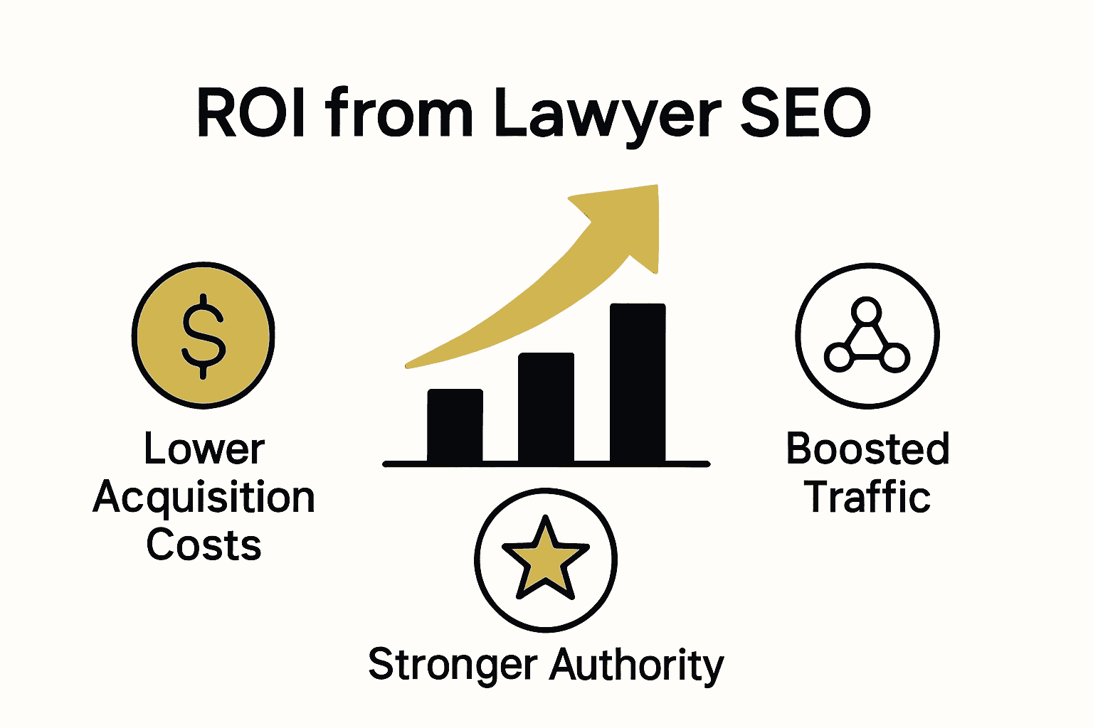Infographic showing ROI benefits of lawyer SEO like reduced costs, more traffic, greater authority.