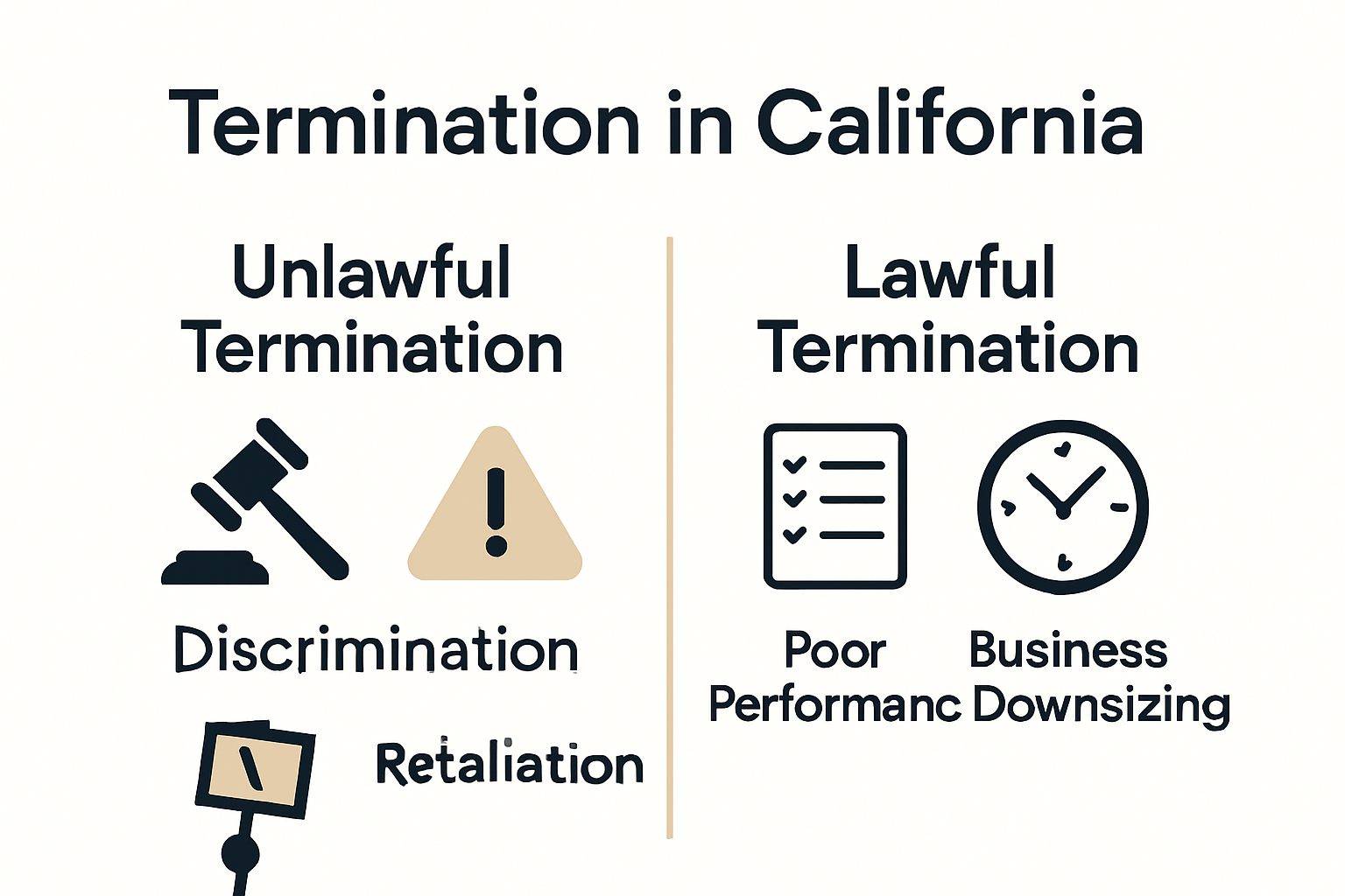 Comparison chart of unlawful and lawful job termination reasons in California