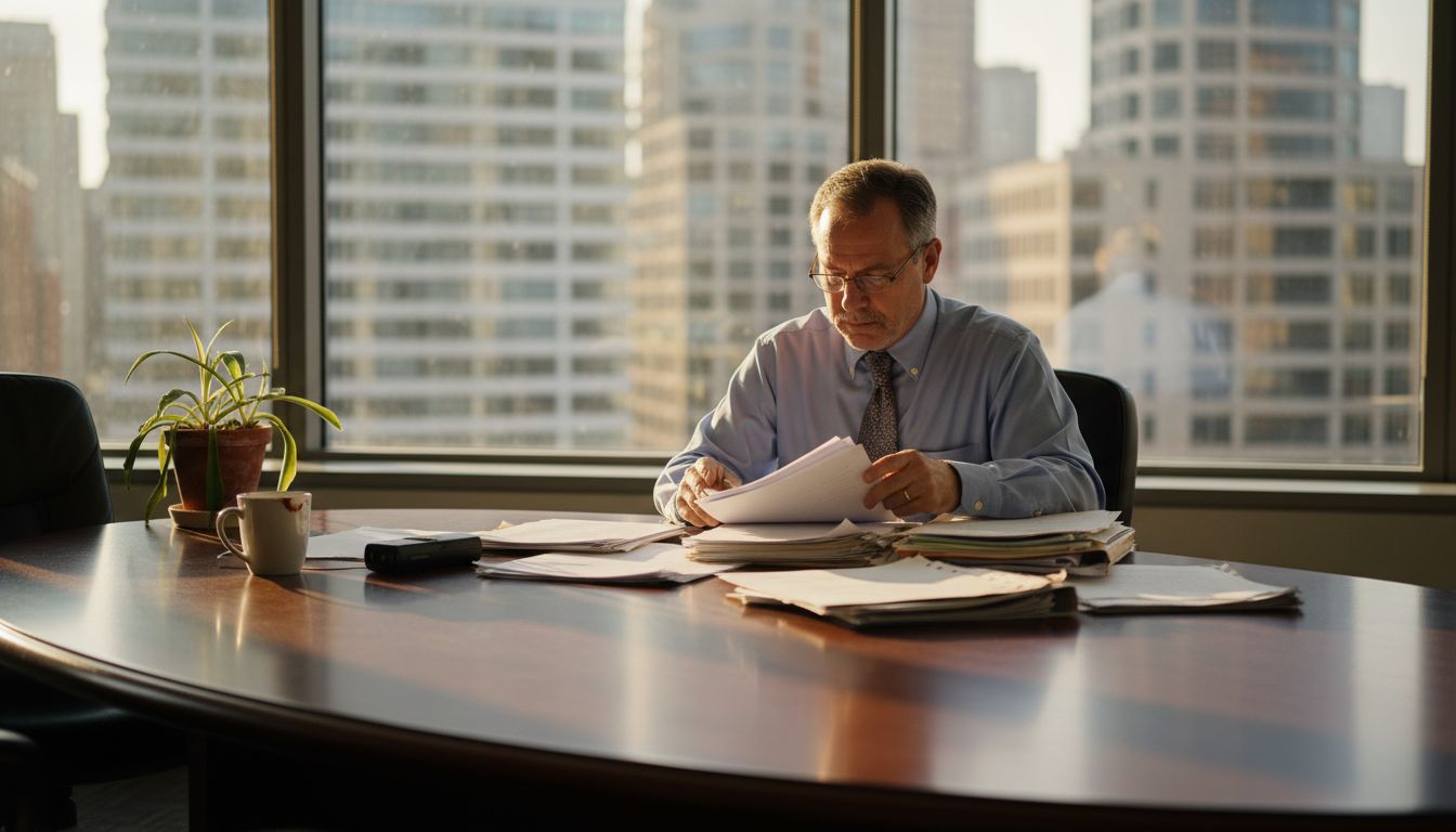 HR manager reviewing papers for investigation