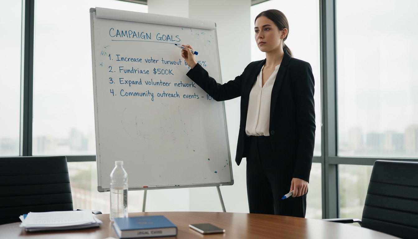Attorney writing campaign goals on whiteboard