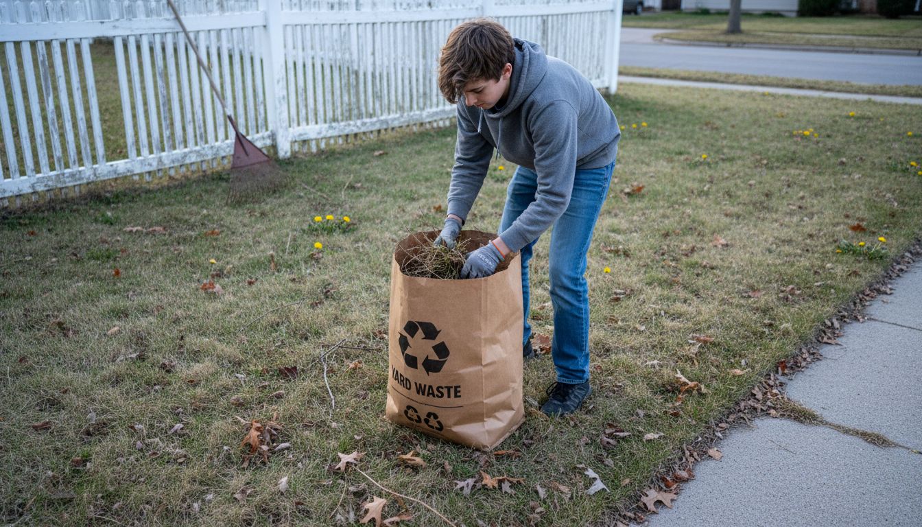 Teen cleaning lawn, gathering dead grass
