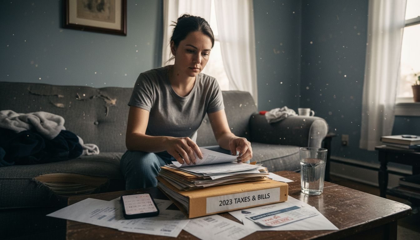 Woman sorts bankruptcy documents at home