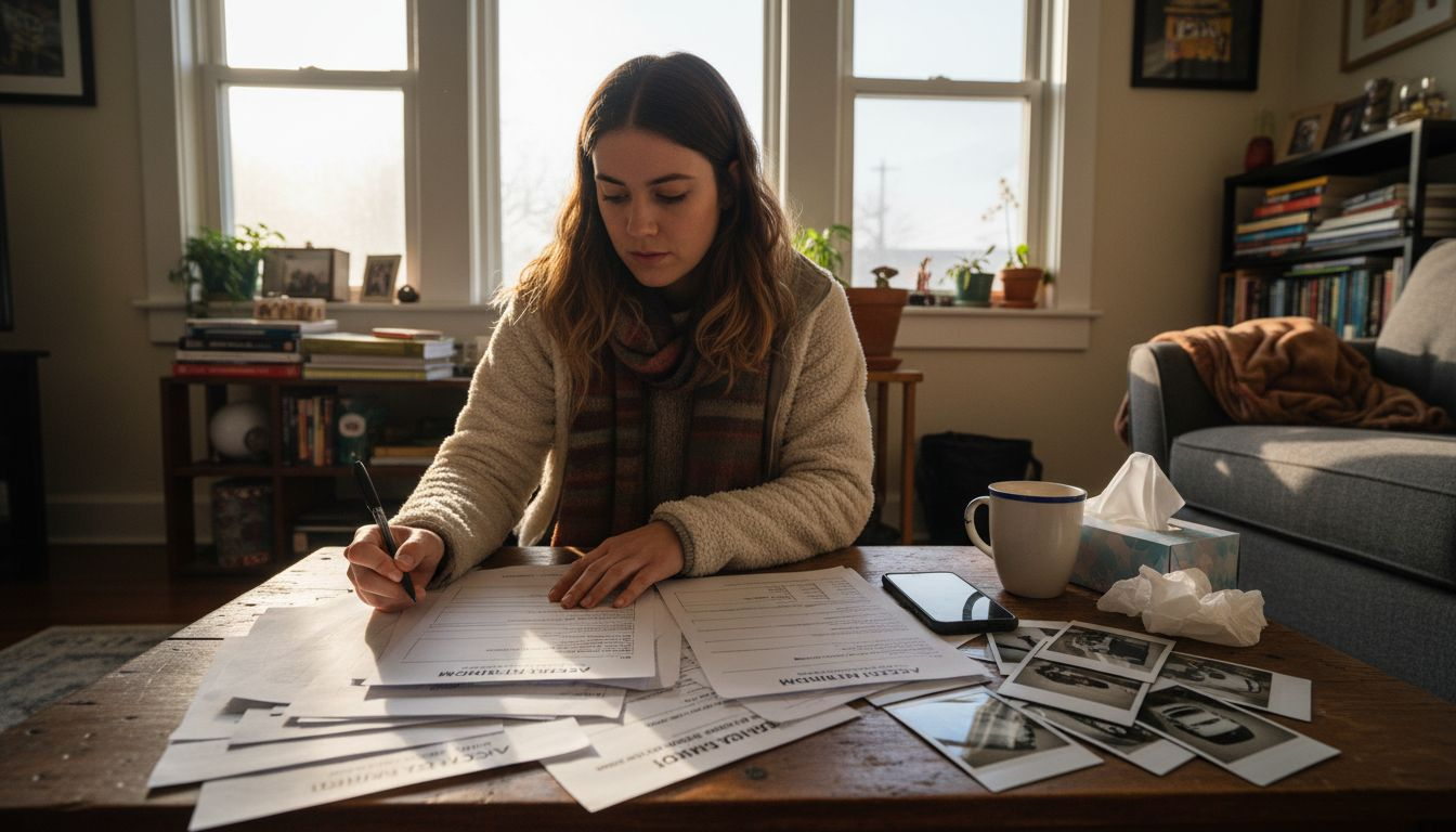 Woman reviewing accident papers at home