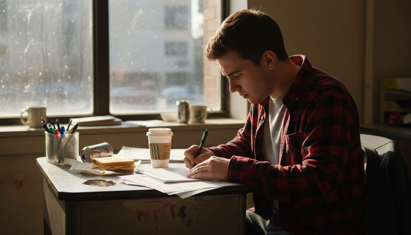 Office worker completing paperwork breakroom