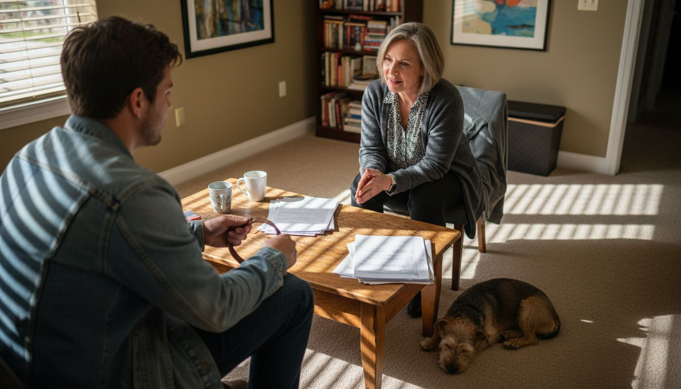 Therapist consulting client with support animal