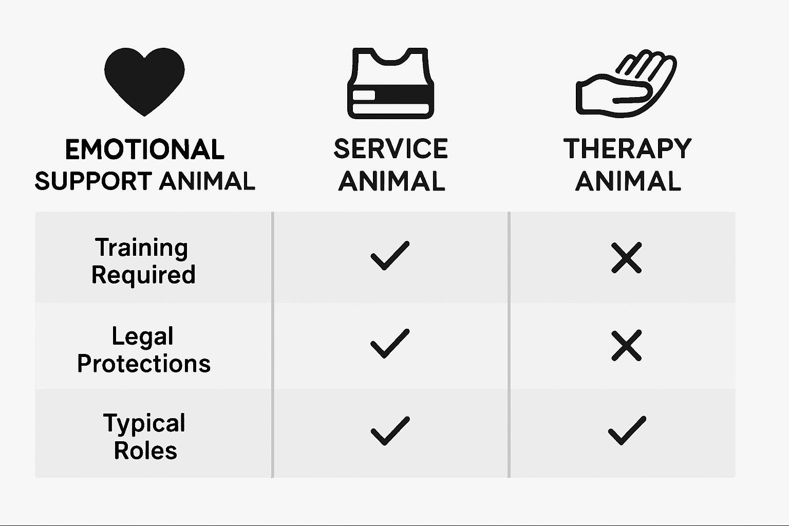 Comparison chart of support animal types
