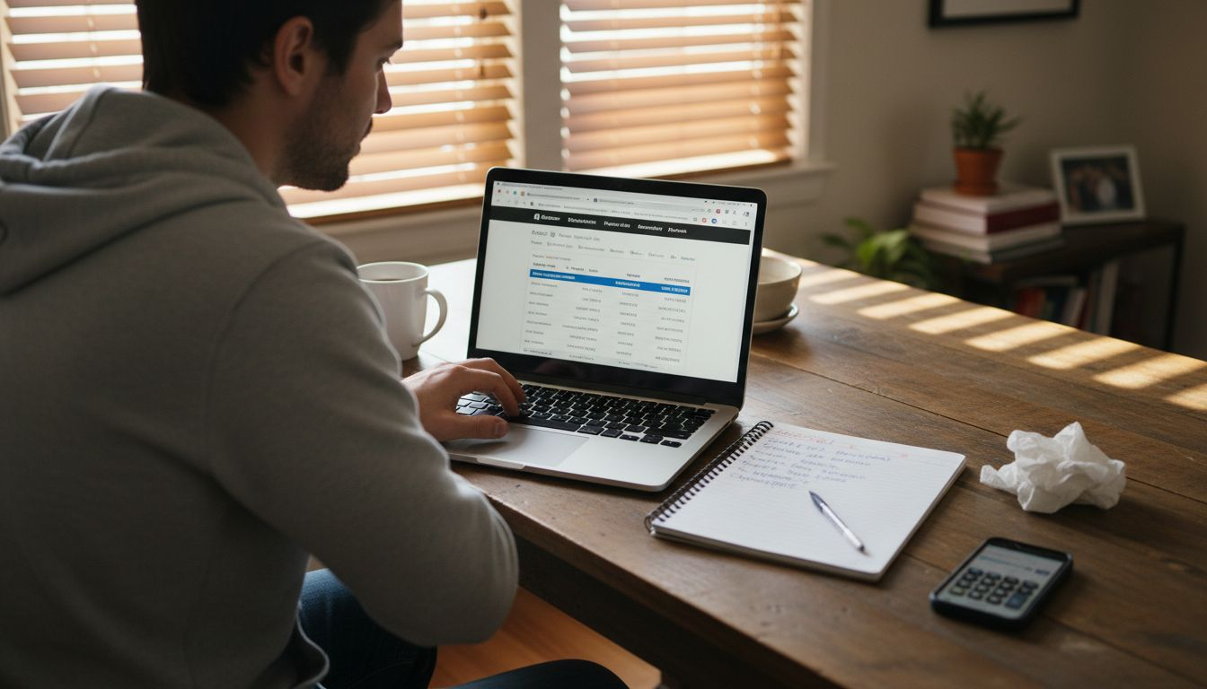 Man compares salaries on laptop at home