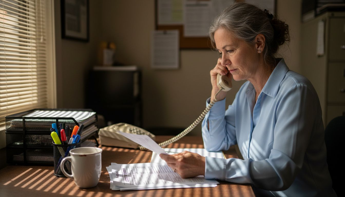 Clerk processing accident forms at desk