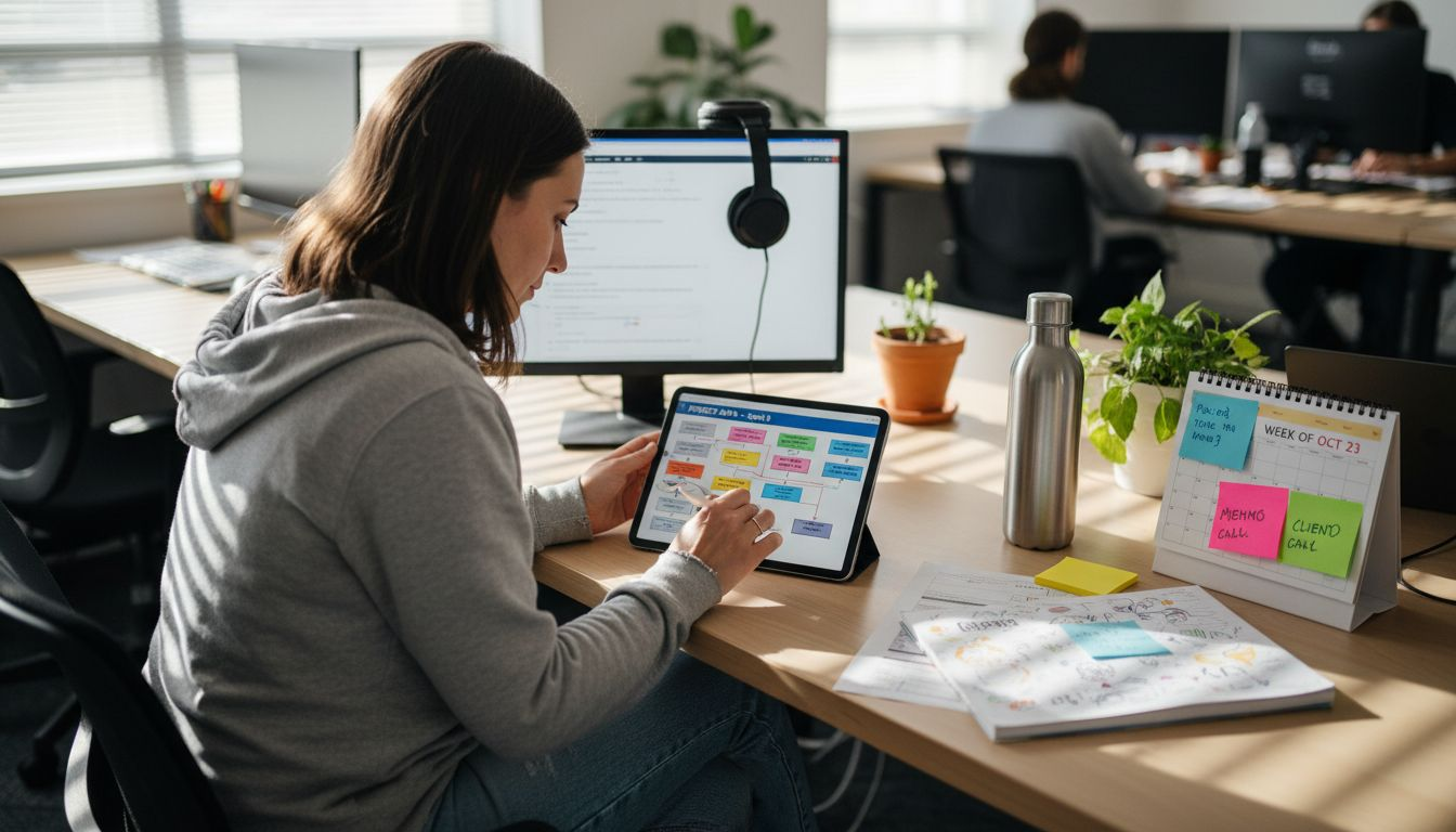 Engineer planning work week at desk