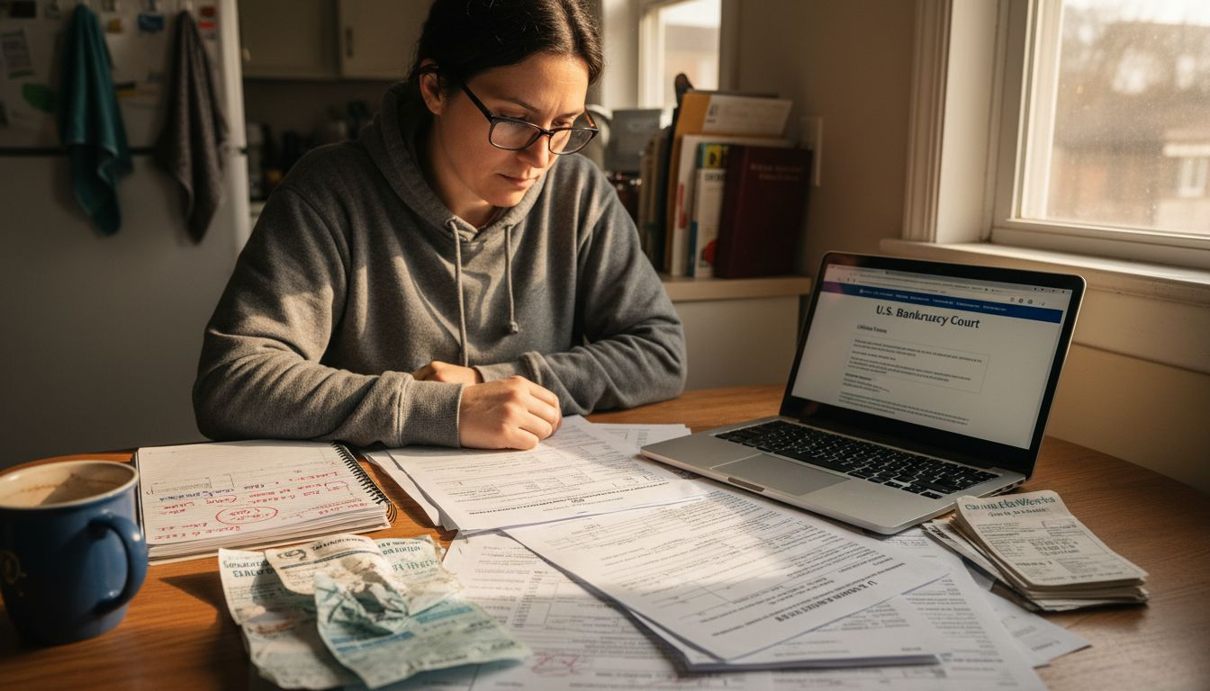 Woman preparing bankruptcy petition at table
