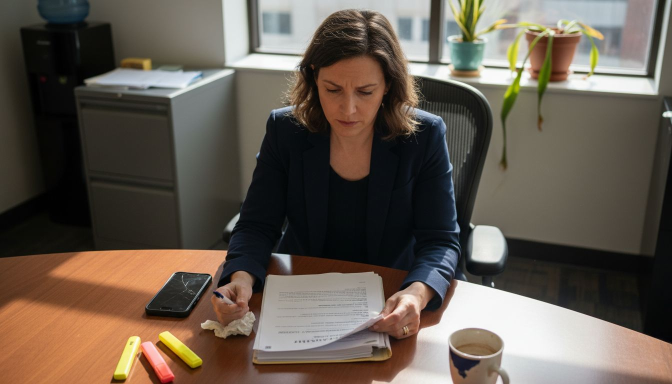 Woman reviewing FMLA papers with concern