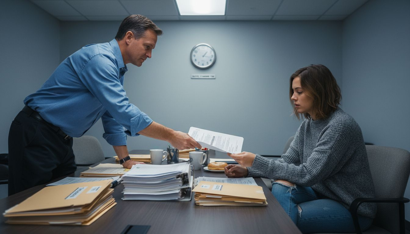 Un gerente entrega papeleo a un empleado