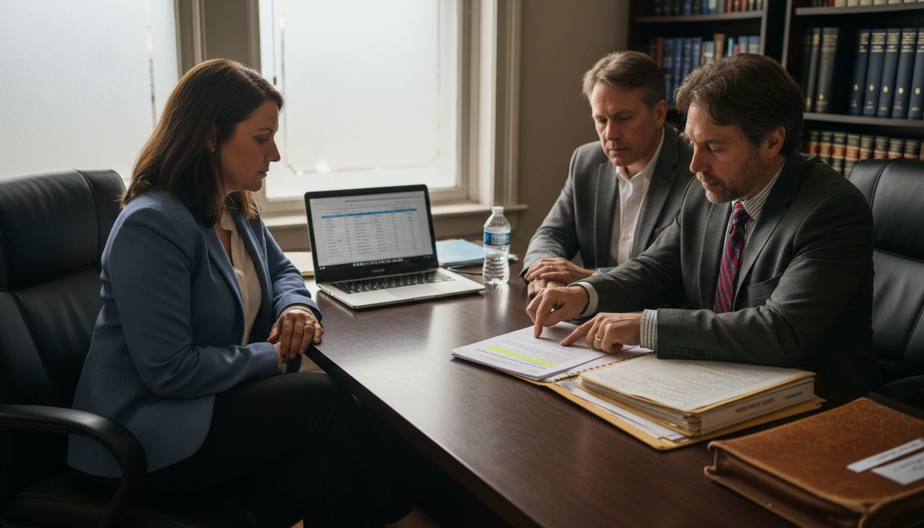 Couple and attorney reviewing bankruptcy paperwork