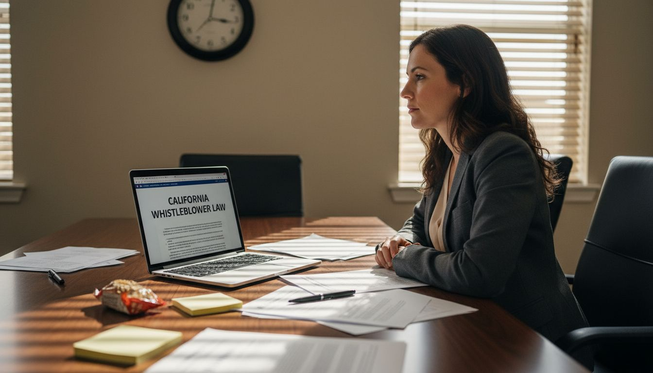 Woman studying California whistleblower legal papers