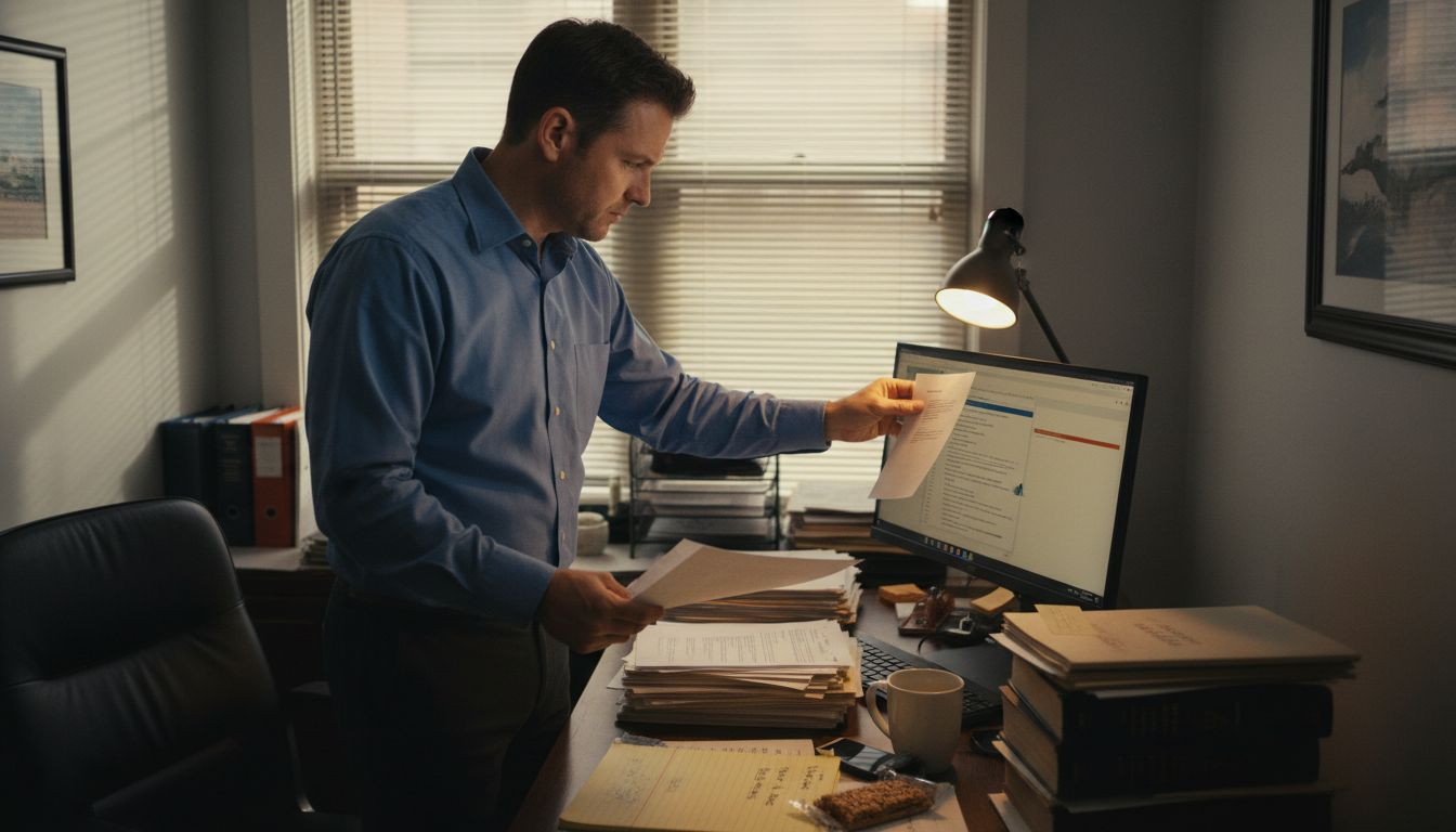 Male lawyer reviews employment evidence documents