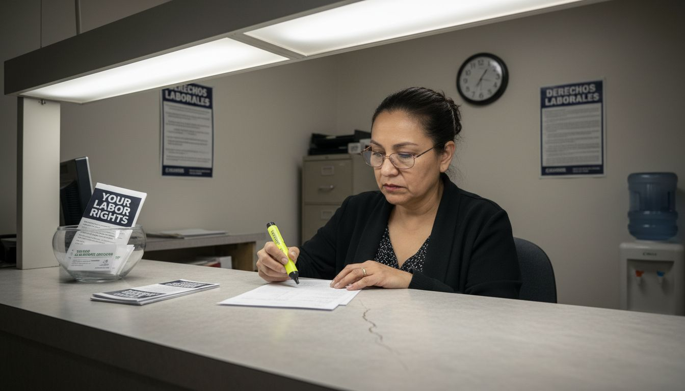 Employee reviewing pay stub in law office setting