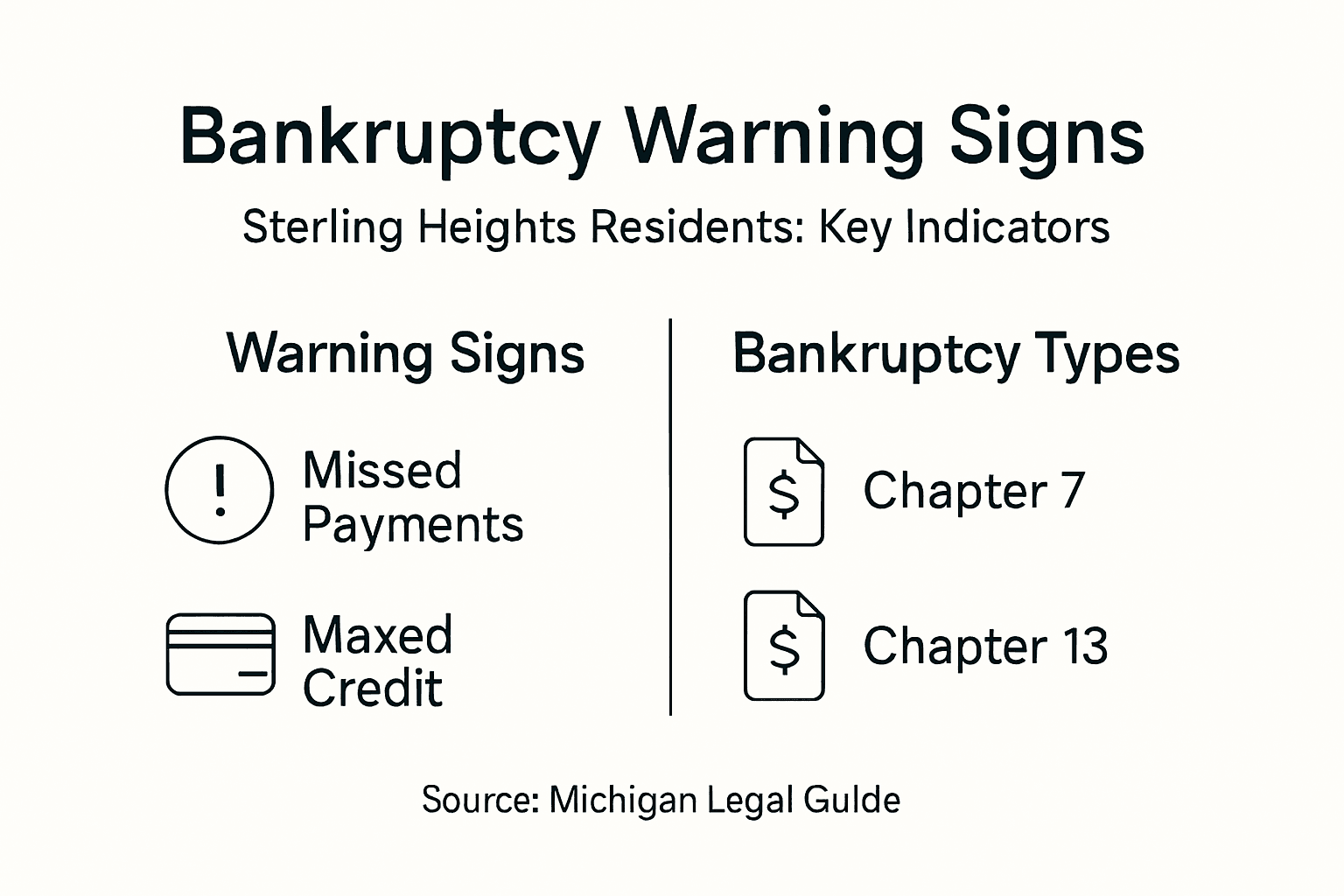 Infographic with bankruptcy warning signs and types