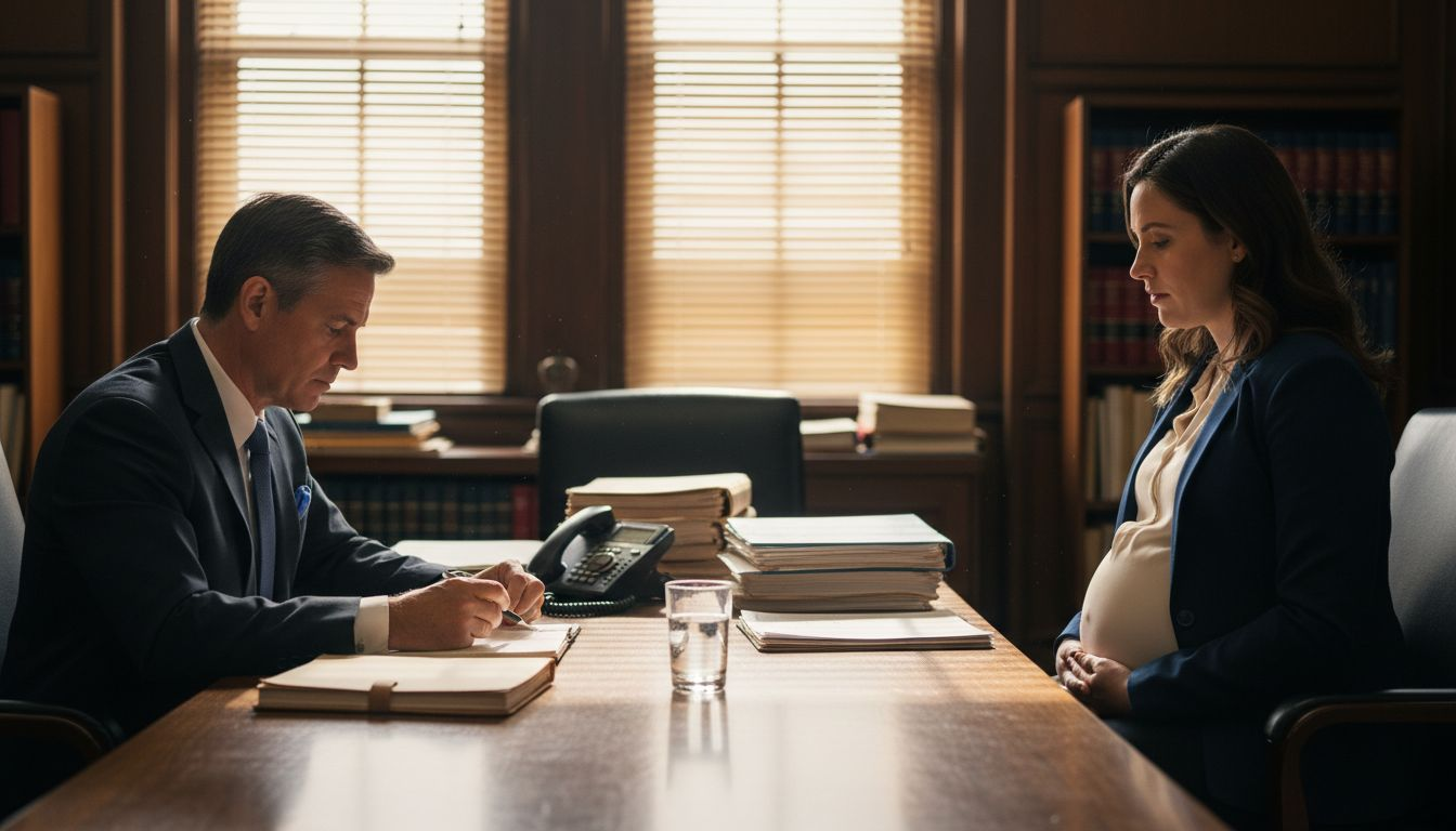 Attorney consulting pregnant employee at office table