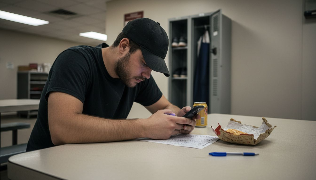 Service worker appearing stressed in restaurant break room