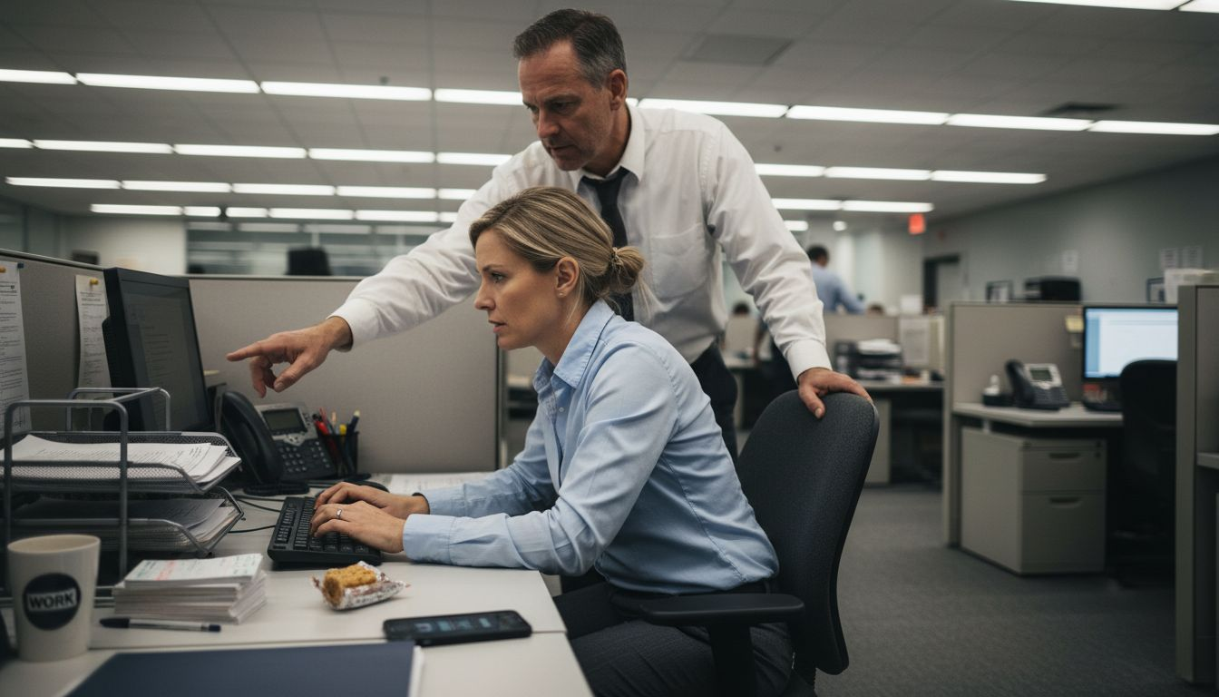 Supervisor directs employee at cubicle desk