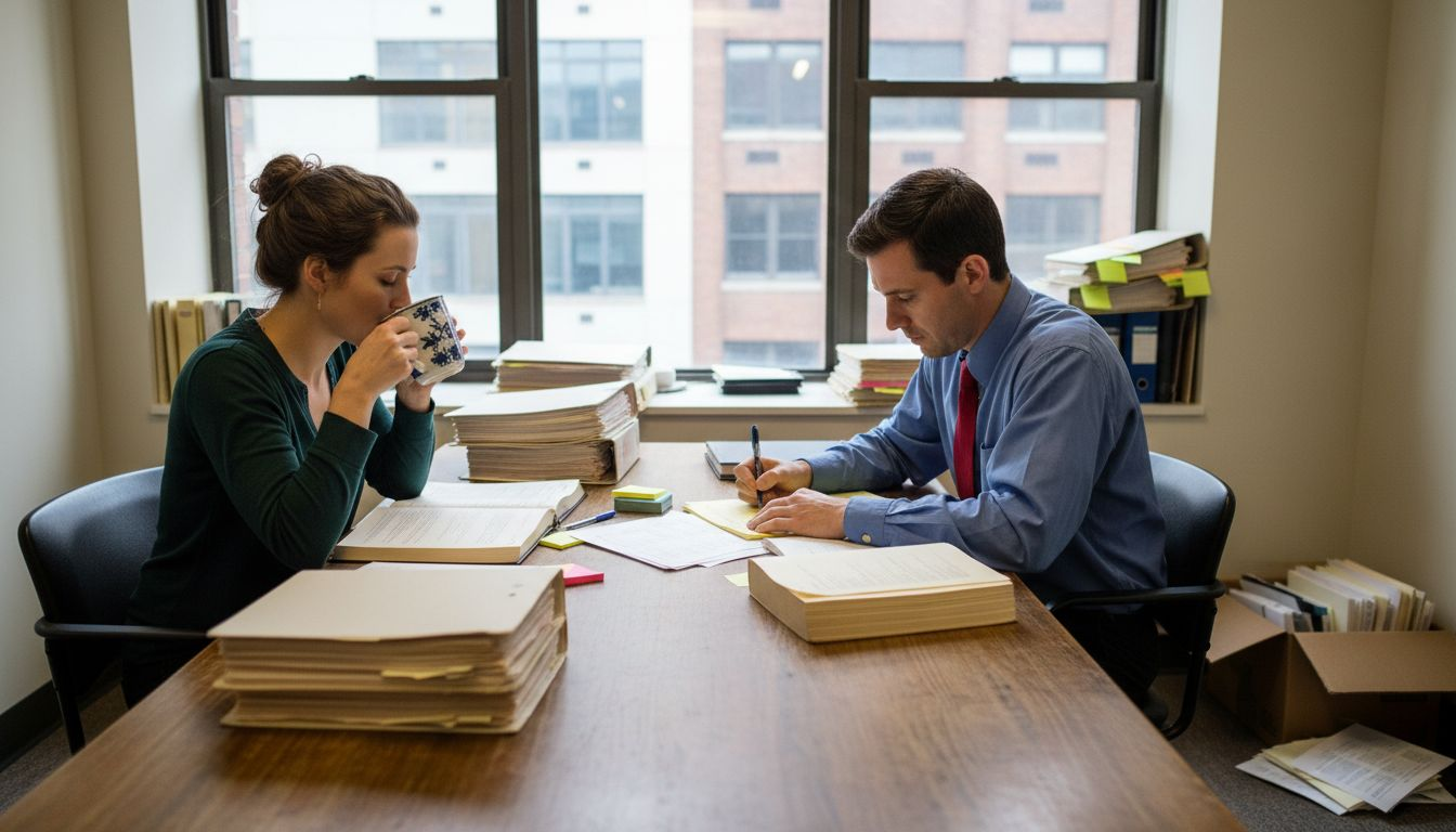 Attorneys negotiating at cluttered law office table