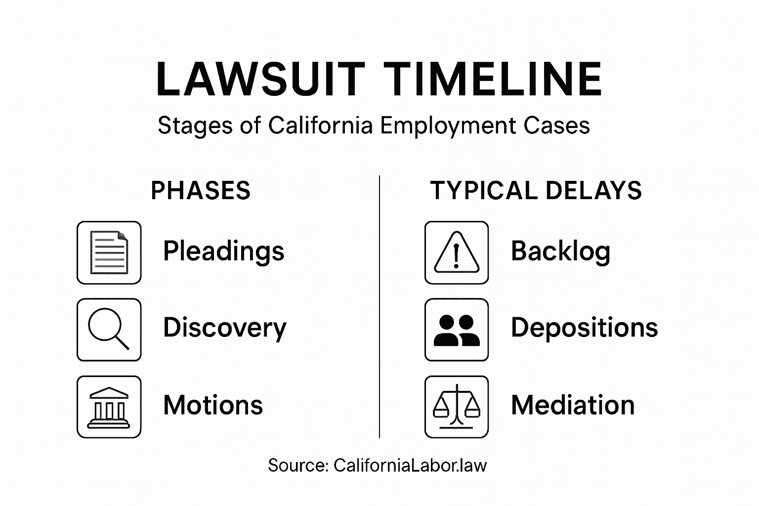 Infographic showing lawsuit phases and delays
