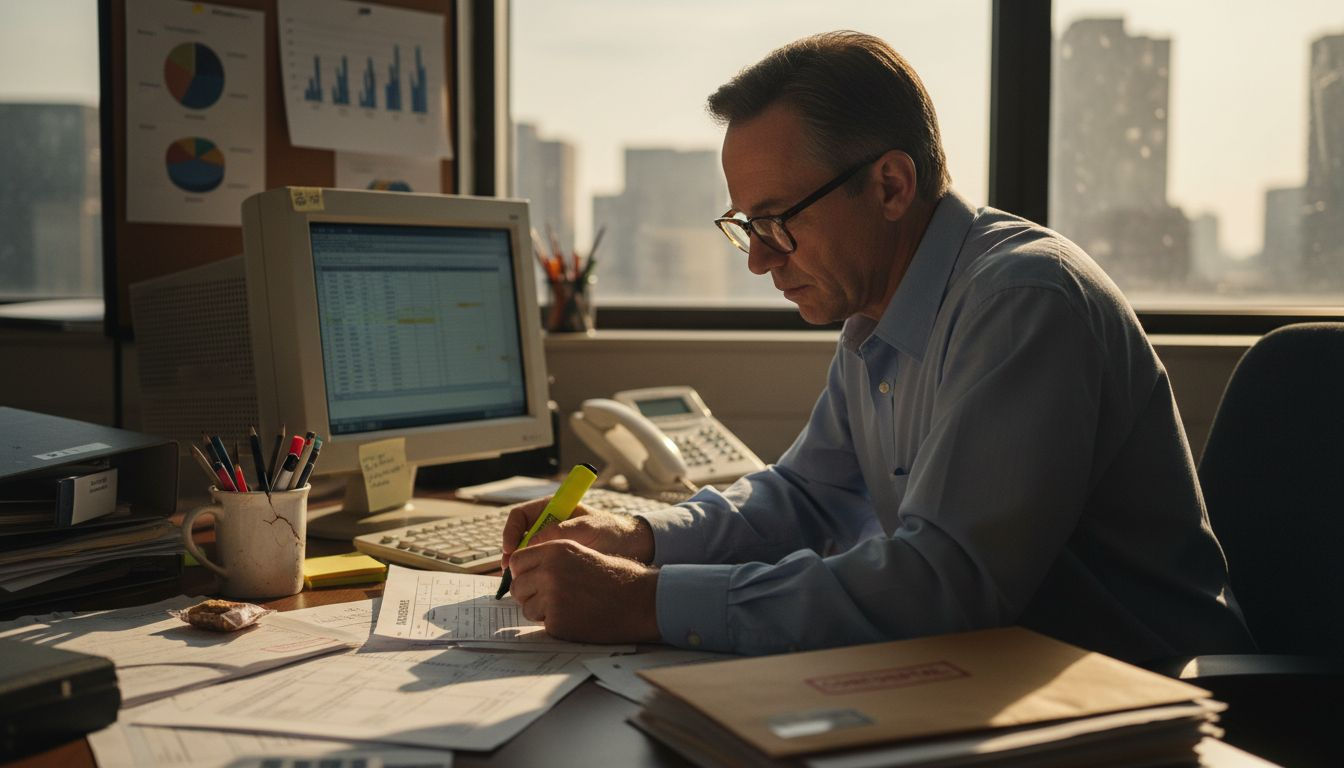 Worker checking pay statement at office desk