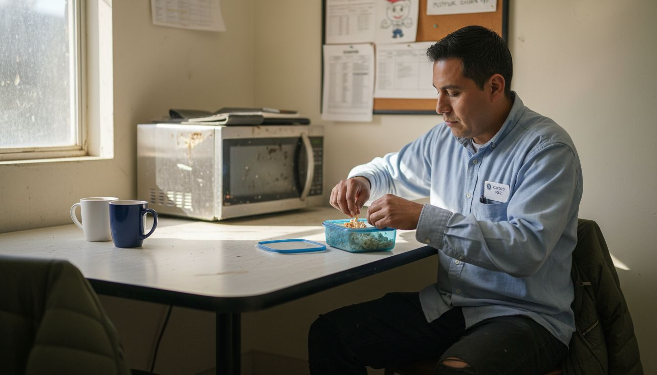 Worker finishing lunch in break room California