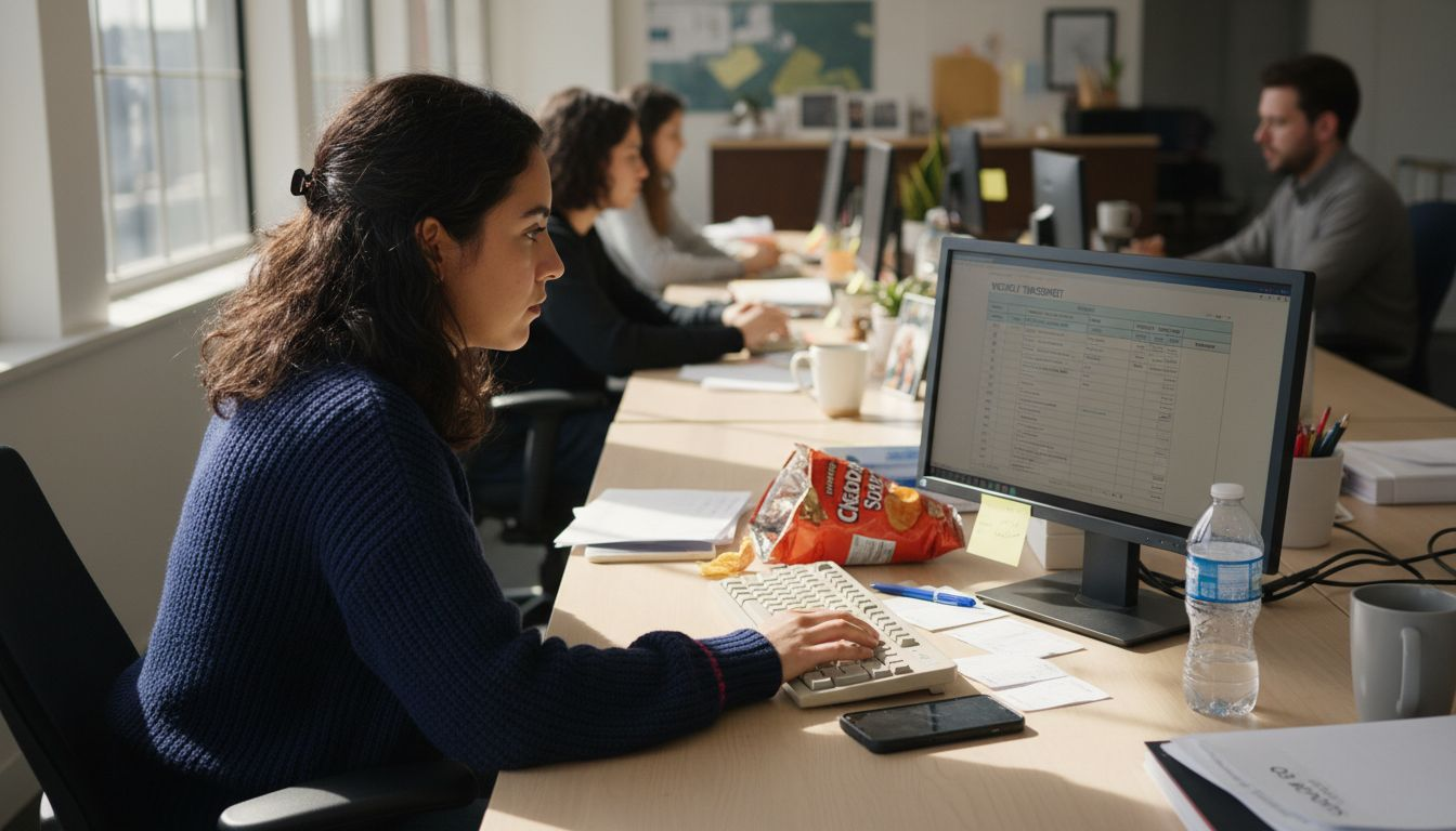 Worker enters hours at cluttered desk