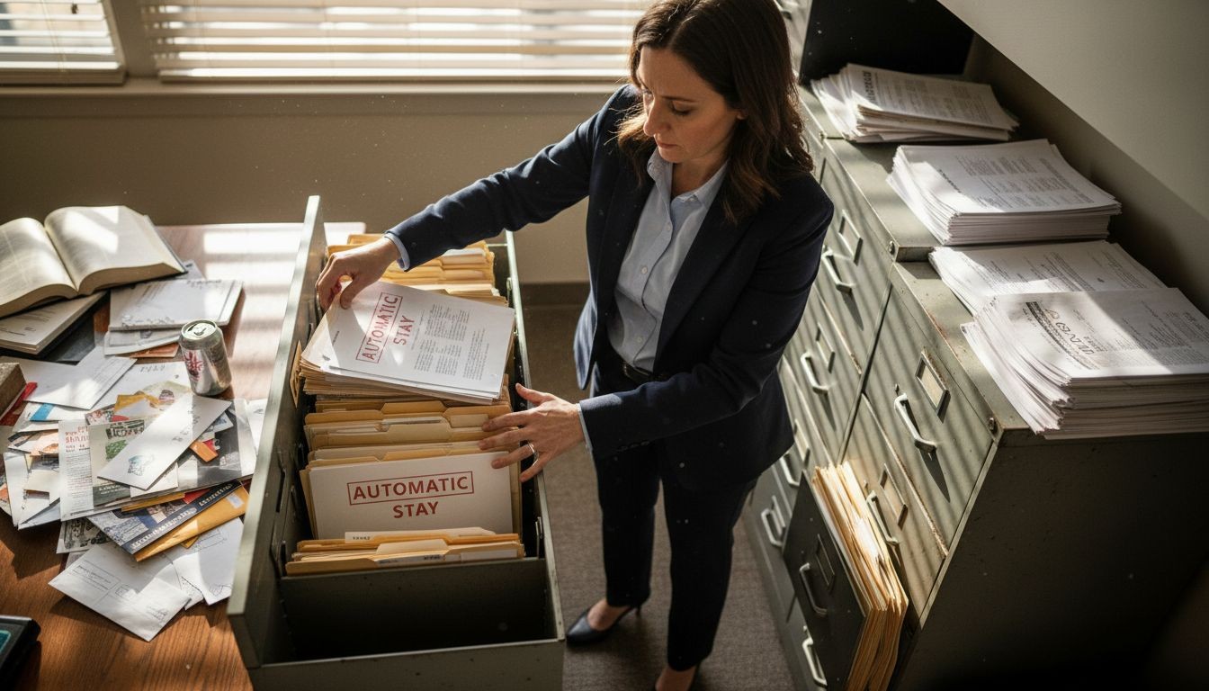 Filing cabinet with bankruptcy stay paperwork