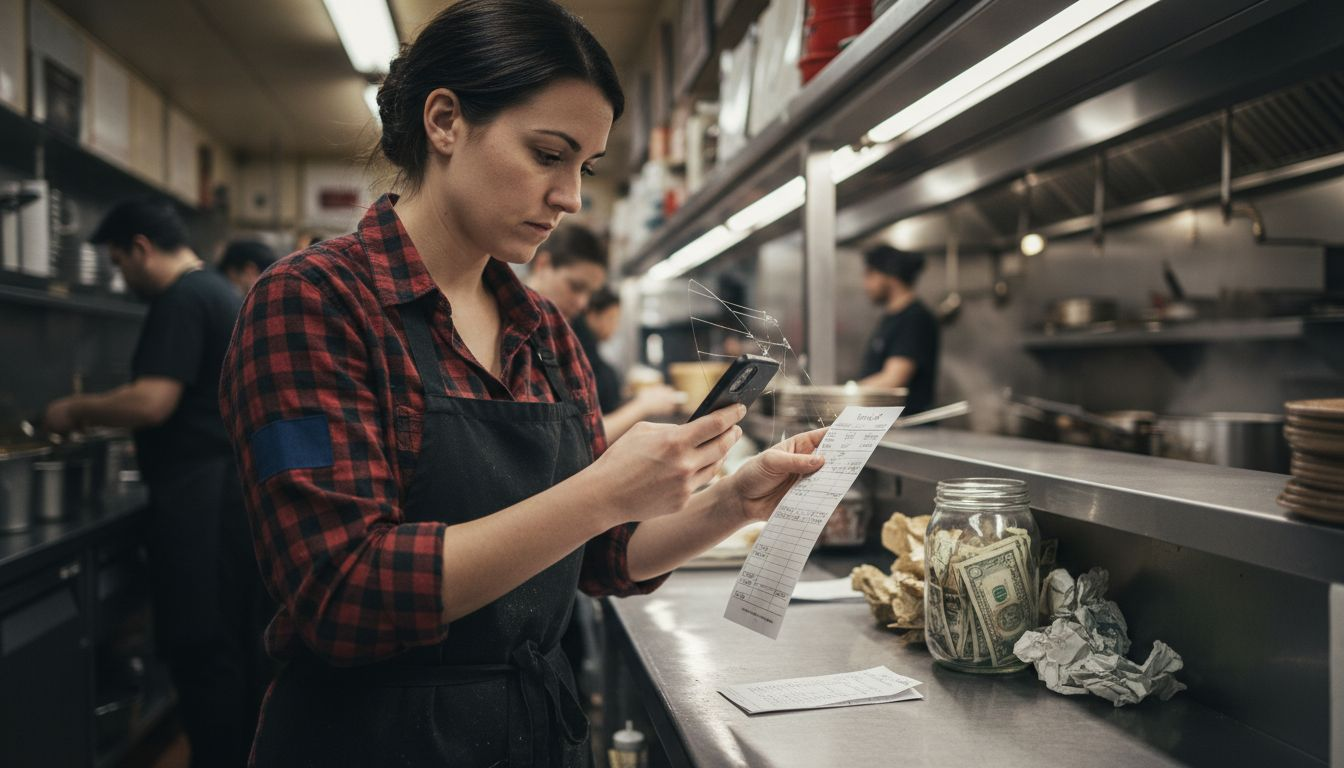 Camarera de restaurante fotografiando una hoja de tiempo manuscrita