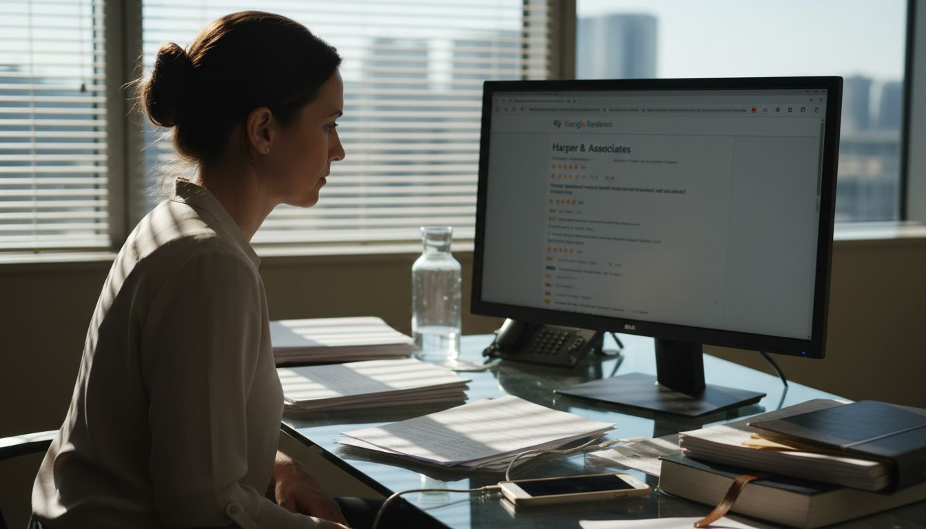 Lawyer checking online reviews in office