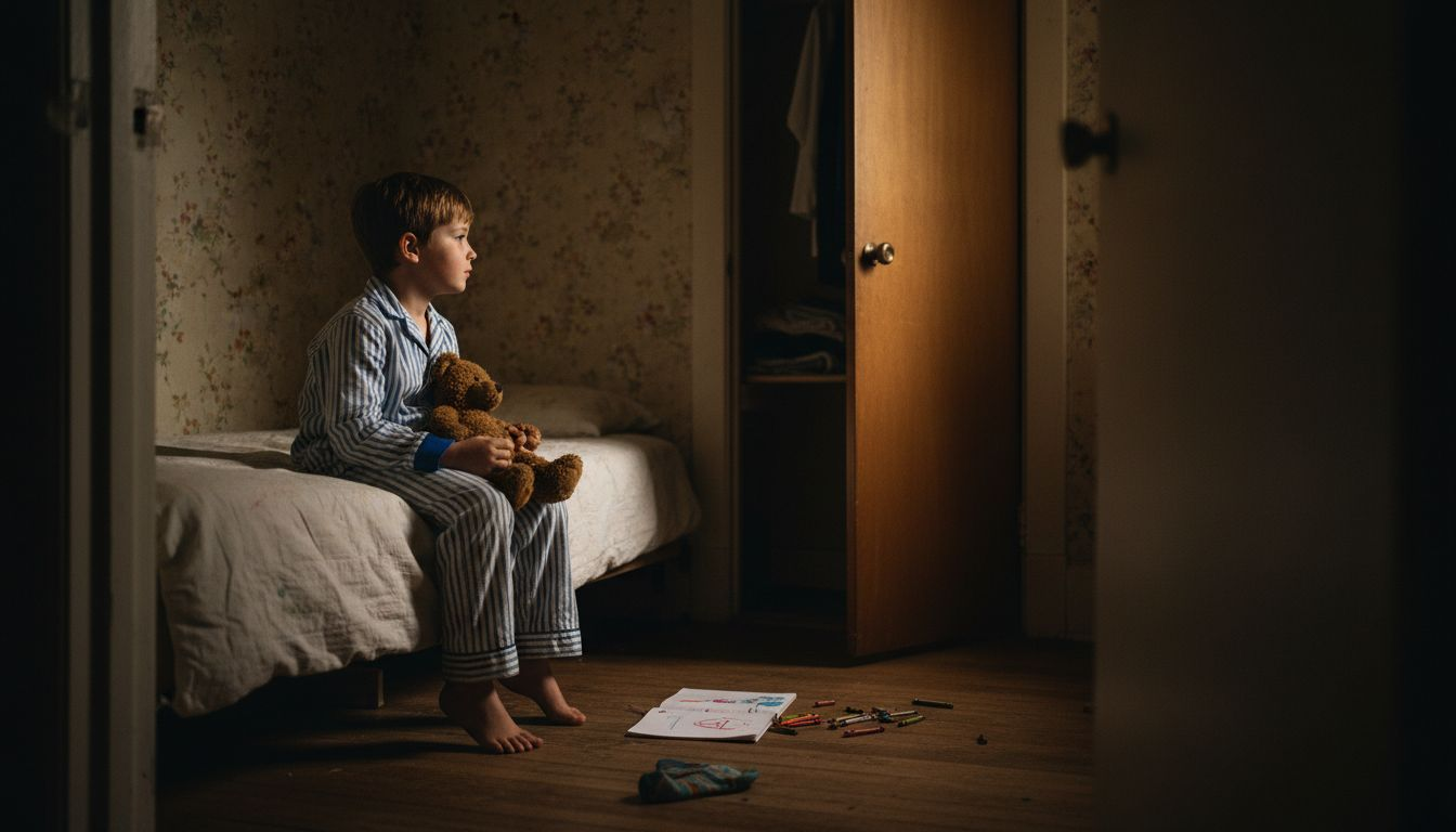 Foster boy alone in dim bedroom at night