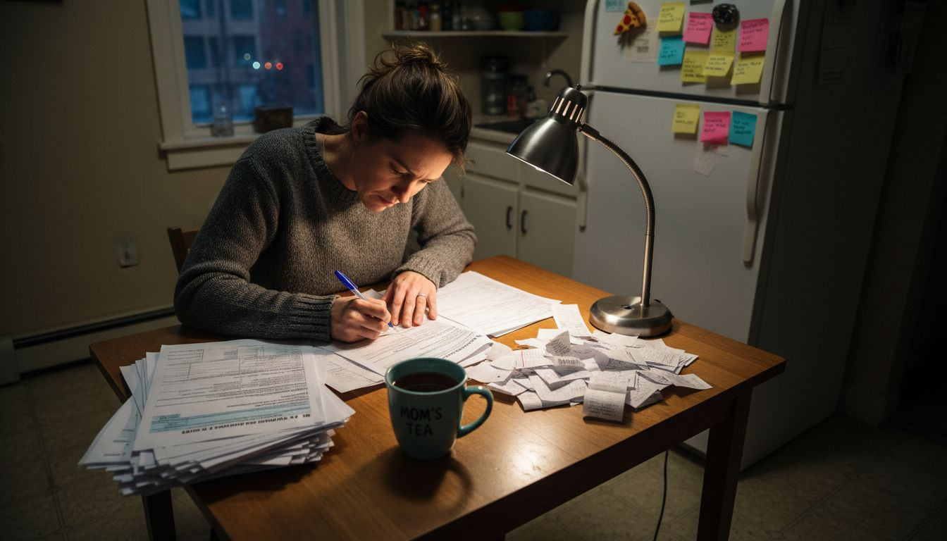 Woman reviewing financial schedules at kitchen table