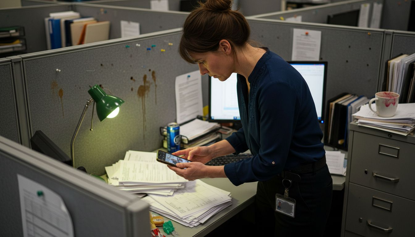Woman photographing workplace documents as evidence
