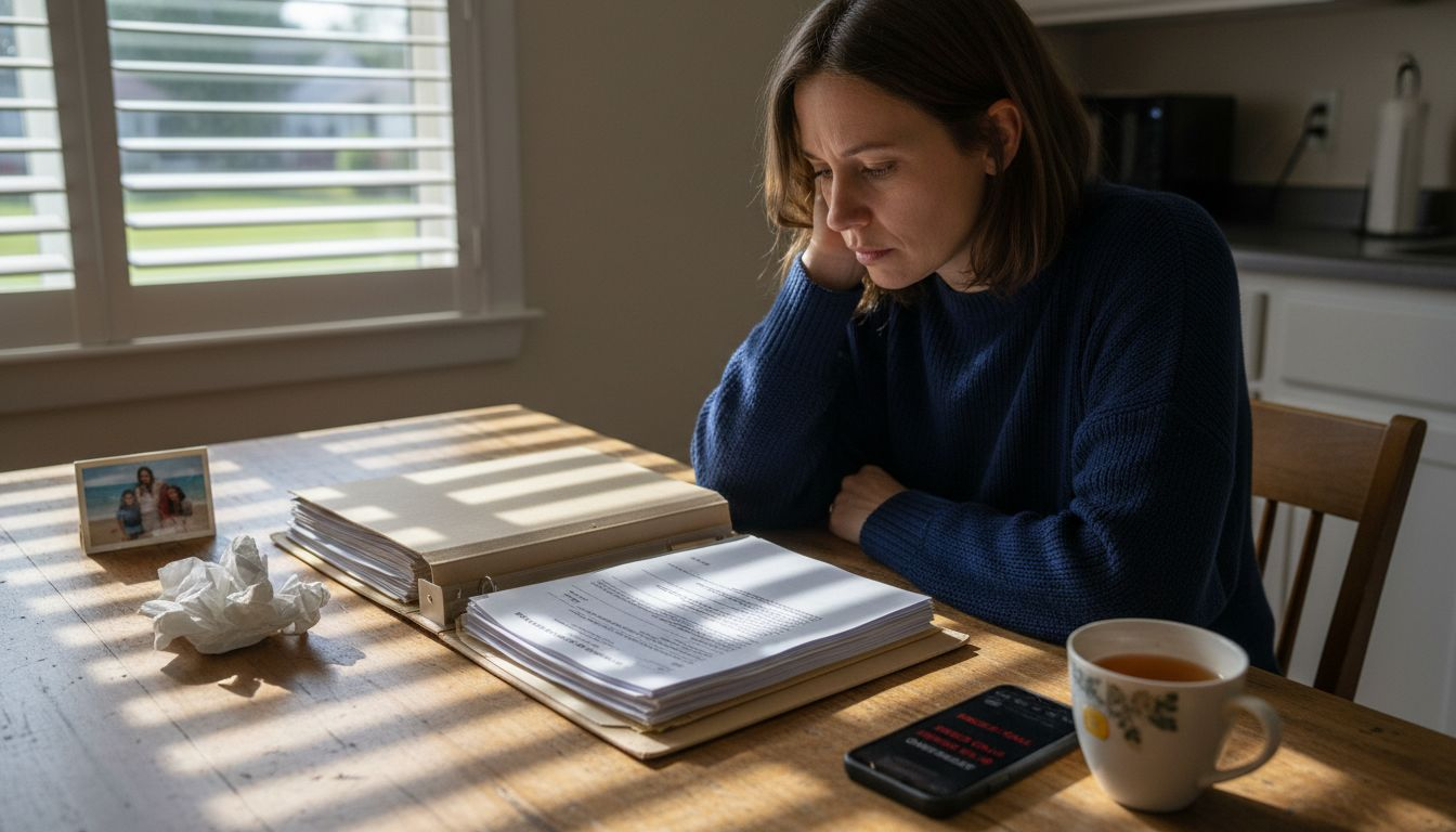 Woman coping with legal paperwork at home