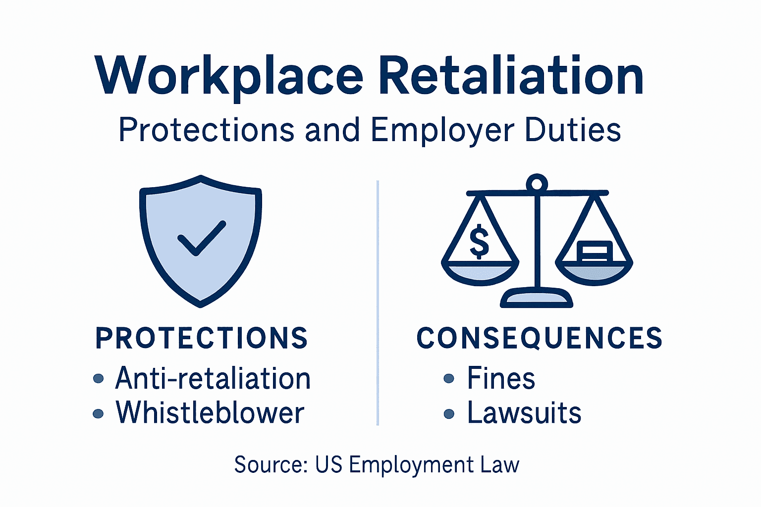 Infographic on workplace retaliation protections and penalties