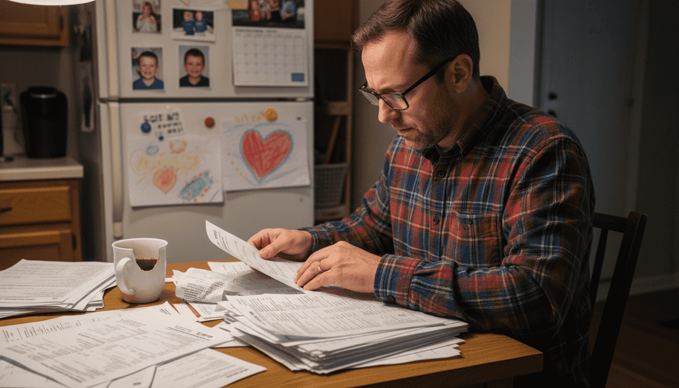 Parent organizing financial paperwork at kitchen table