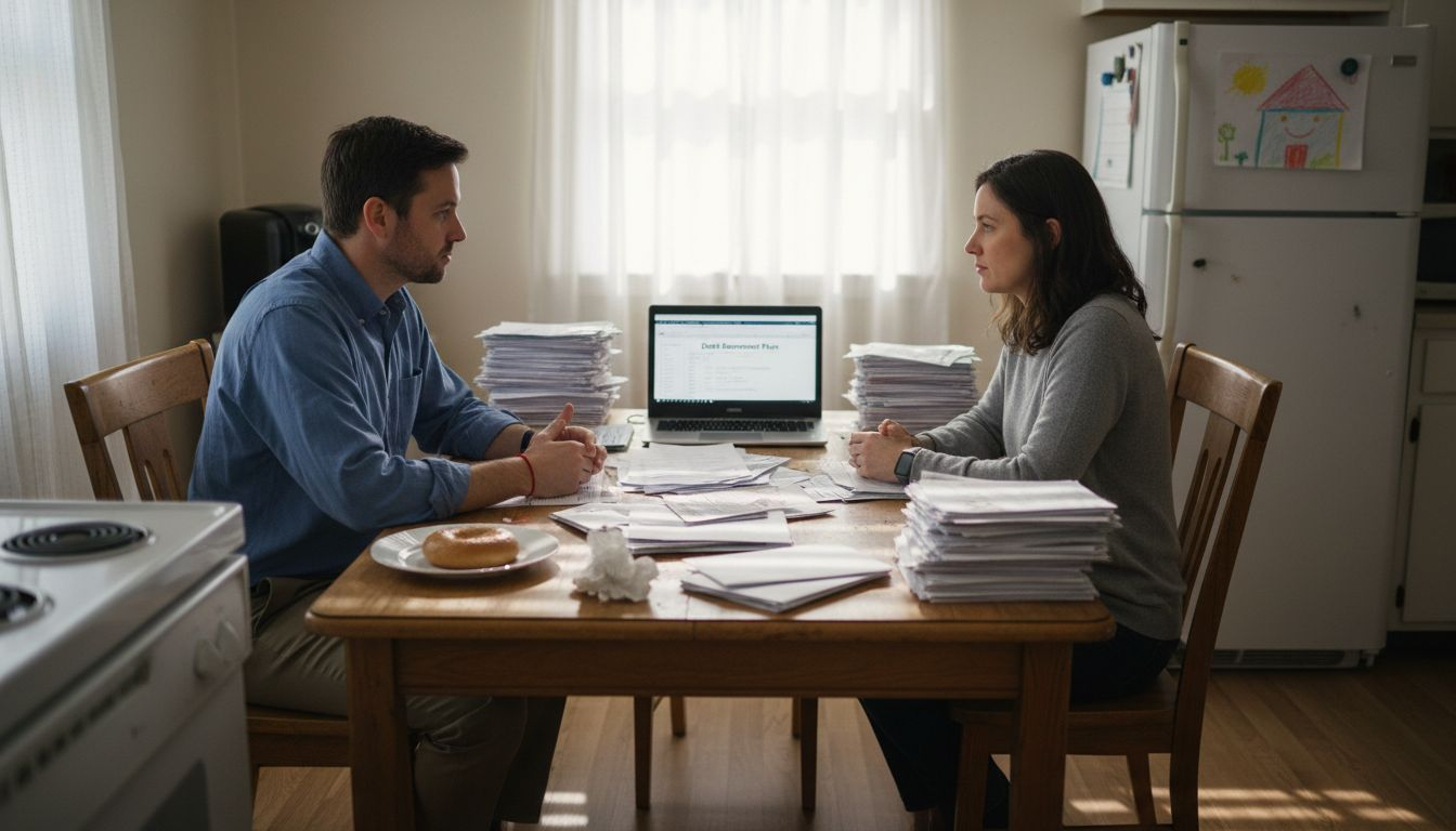 Divorcing couple reviewing debts and documents