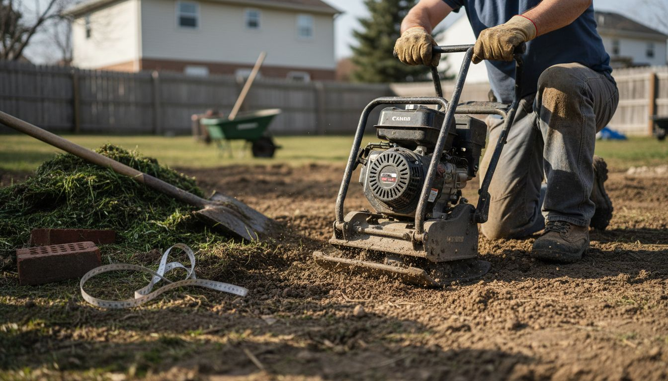 Worker compacting soil base for concrete patio