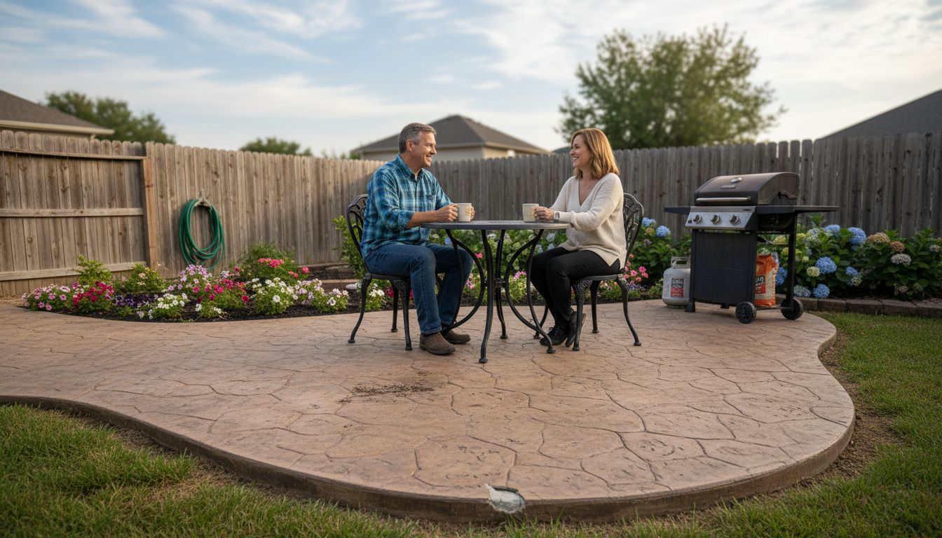Couple relaxing on decorative concrete patio