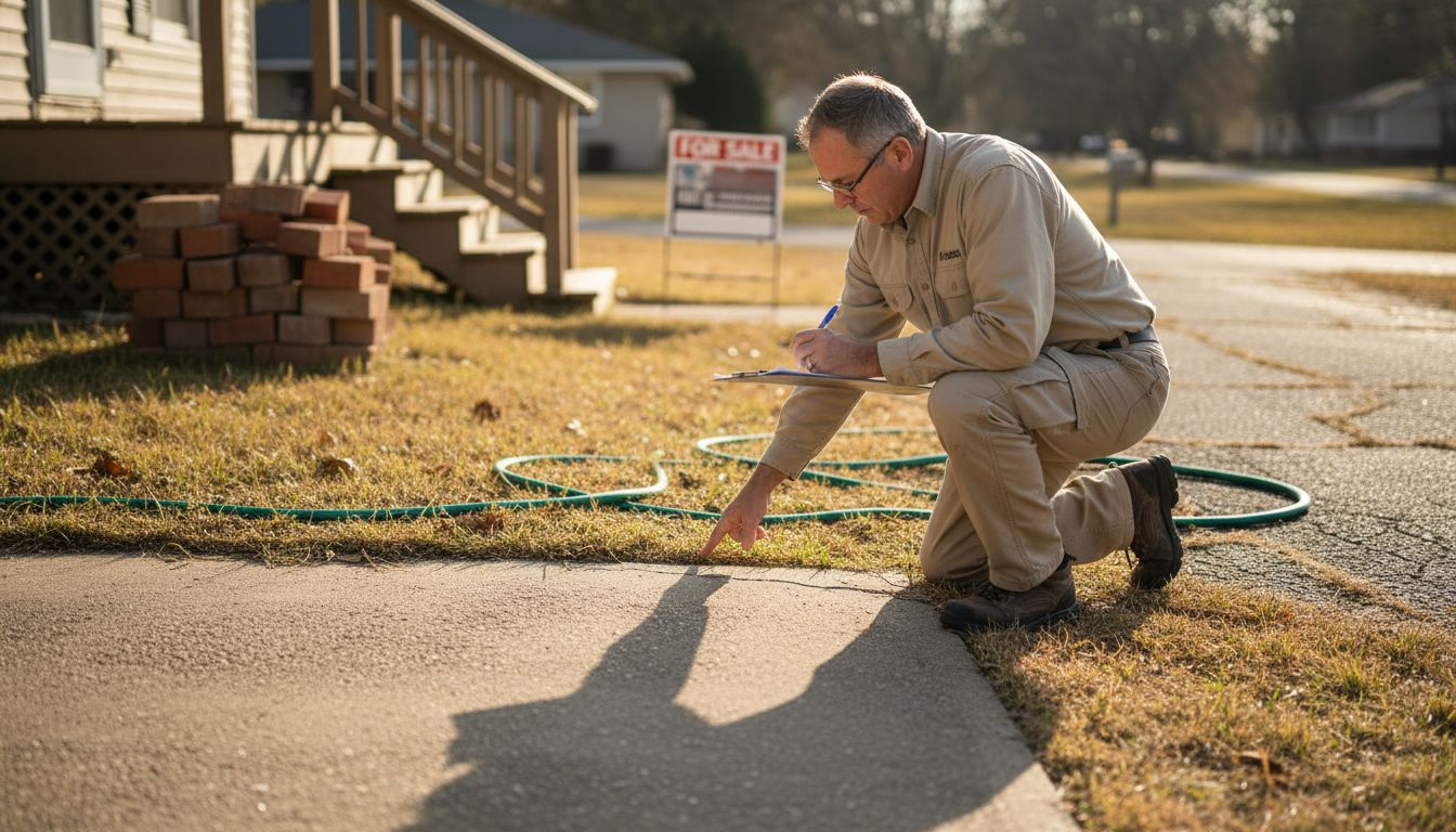 Inspector examines suburban concrete home foundation